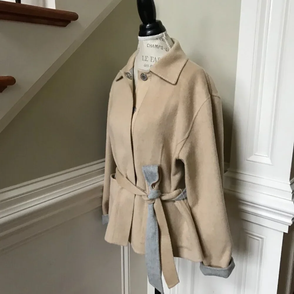 Lafayette 148 Wool Cashmere Reversible Jacket Womens Large Gray Tan Belted Coat